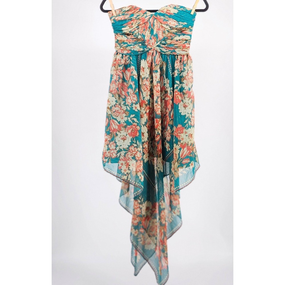 Pearl‎ Georgina Chapman for Marchesa Teal Floral Gypsy High Low Dress Size 2